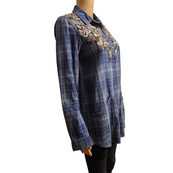 Free People Embellished Blue Plaid Buttondown Tunic Top S - Picture 5 of 16